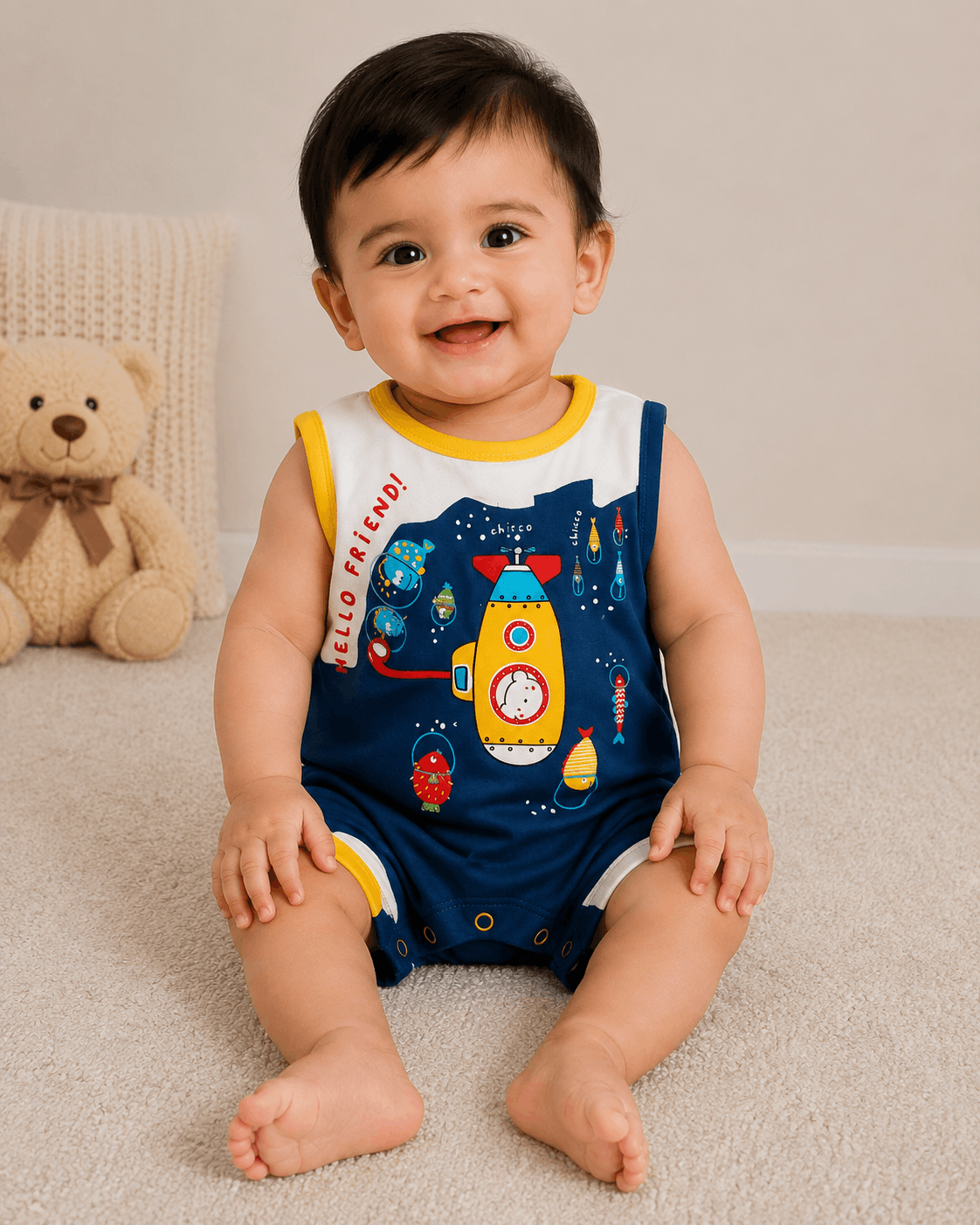 Baby Boys Underwater Rocket Print Sleeveless Romper – Navy Blue & Yellow