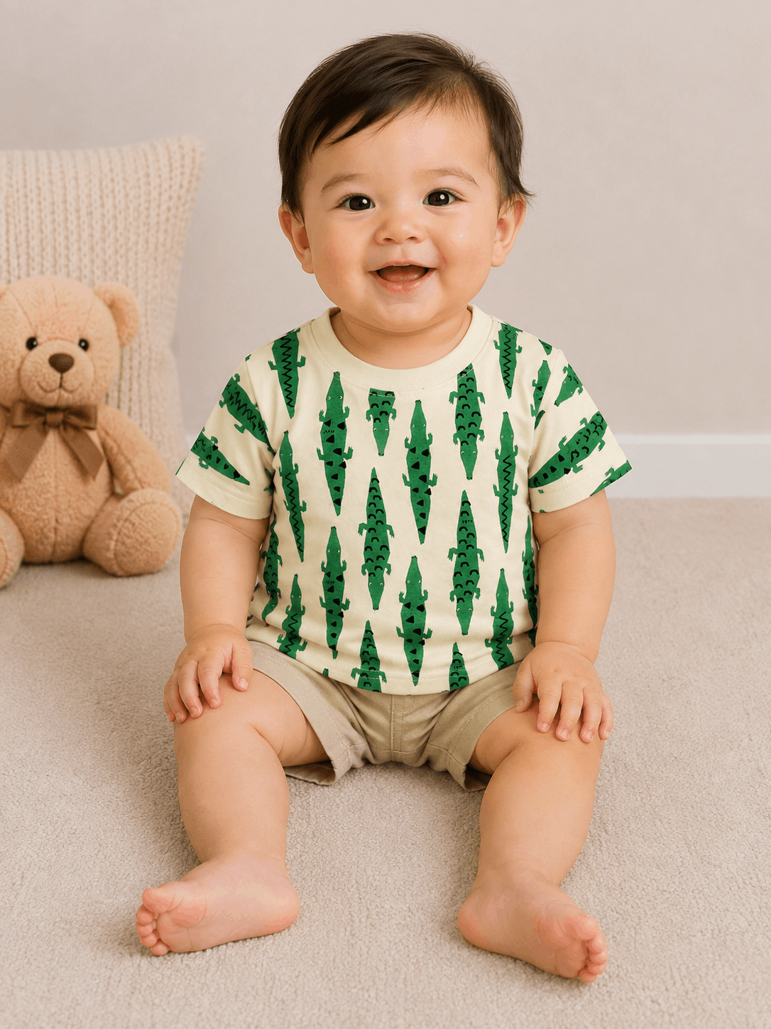 Baby Unisex Crocodile Print T-Shirt – Cream & Green