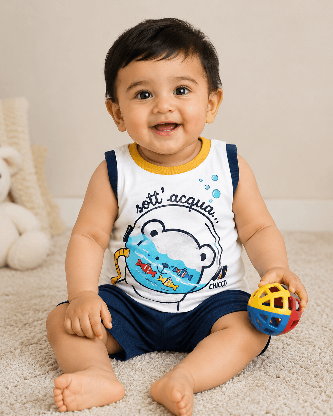 Baby Underwater Bear Print Sleeveless Top – White