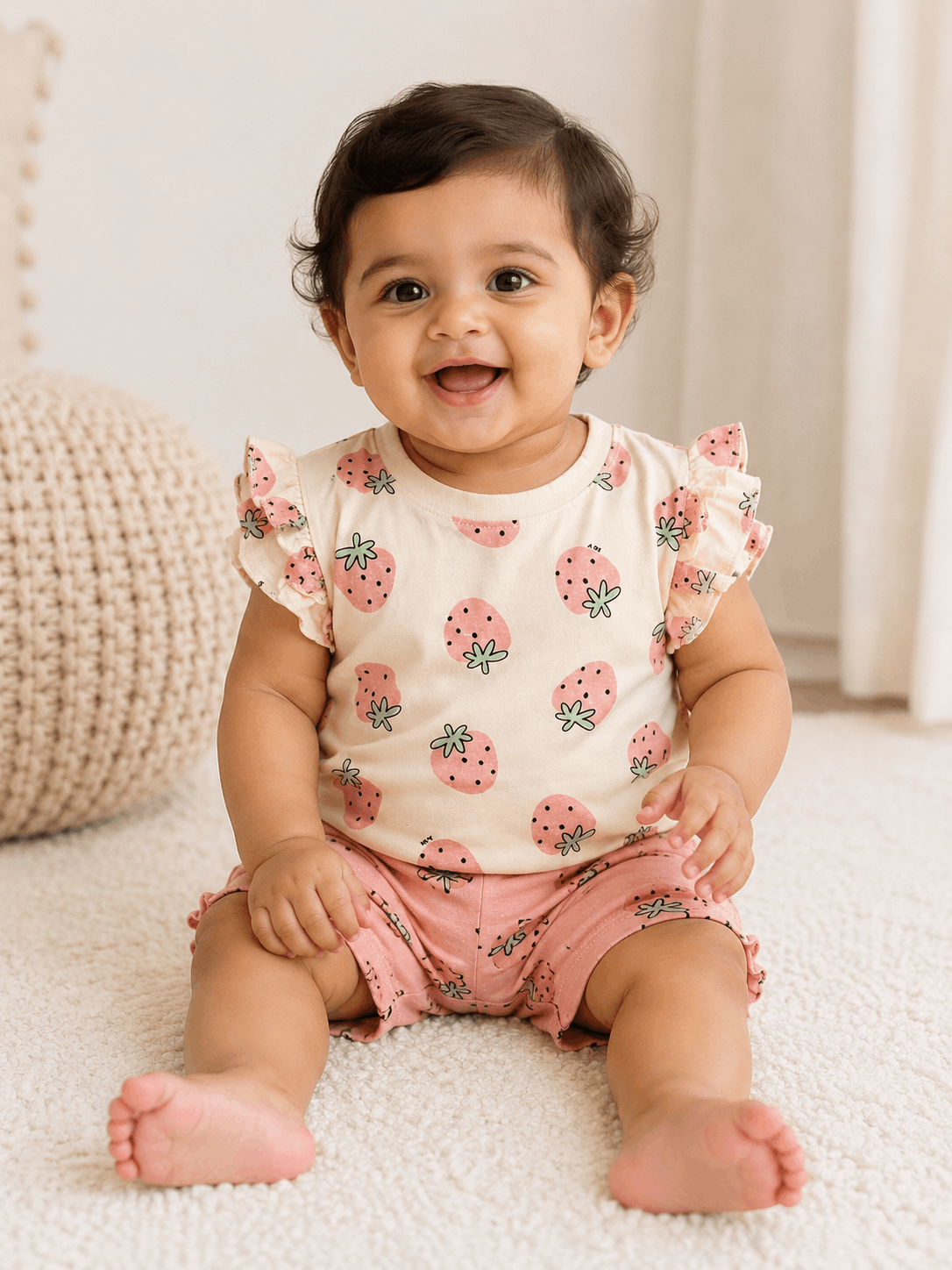 Baby Girls Strawberry Print Ruffle Sleeve T-Shirt – Cream & Pink